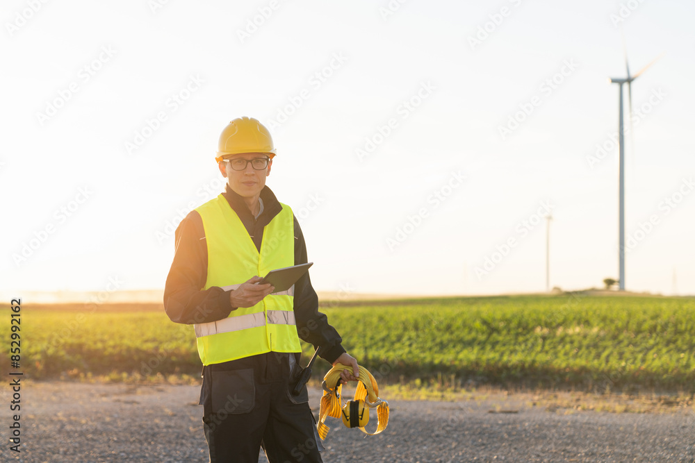 Poster engineer with digital tablet works on a field of wind turbines