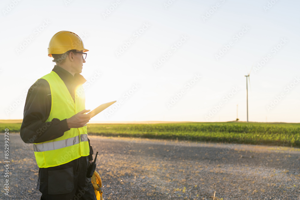 Poster engineer with digital tablet works on a field of wind turbines