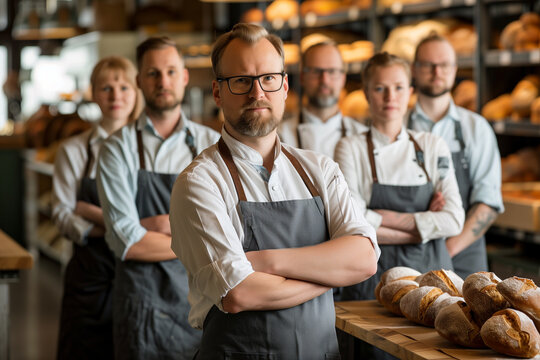 Photography team of finnish bakers in a traditional bakery with artisan products.
- Powered by Adobe