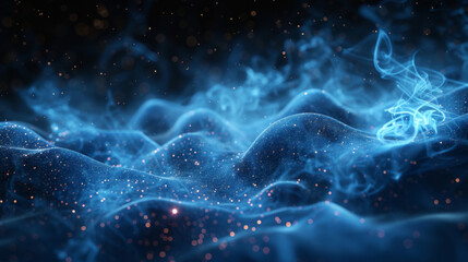 Smooth smoke particle wave, big data techno background with glowing dots, hi-tech concept, blue color