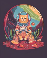 A whimsical illustration of a cat wearing an astronaut suit, exploring an alien planet with colorful background.
