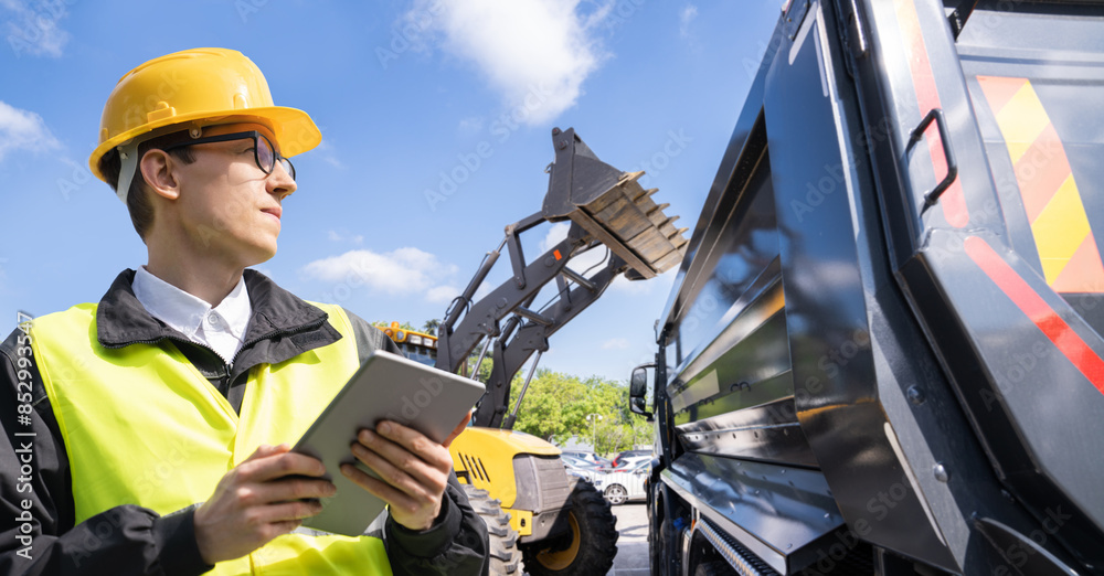 Aufkleber Engineer with a digital tablet on the background of construction machines