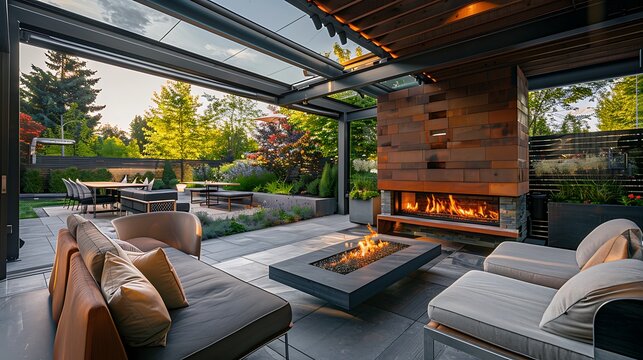 high-end outdoor lounge with a modern fireplace, designer furniture, and retractable roofs and walls that allow for use in any weather, providing a luxurious extension of the indoor living space