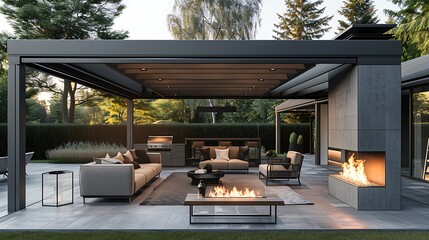 high-end outdoor lounge with a modern fireplace, designer furniture, and retractable roofs and walls that allow for use in any weather, providing a luxurious extension of the indoor living space