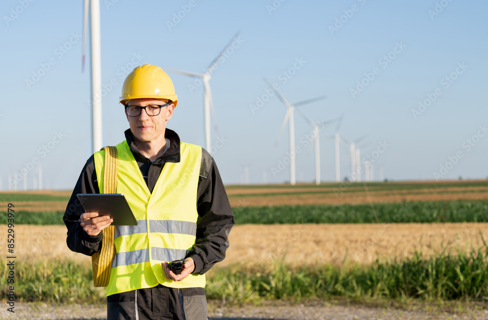Aufkleber engineer with digital tablet works on a field of wind turbines