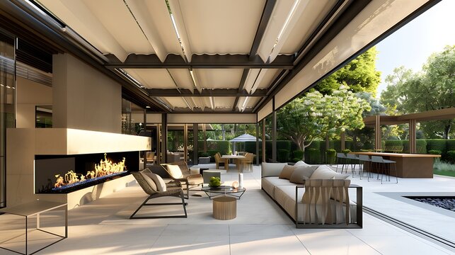 high-end outdoor lounge with a modern fireplace, designer furniture, and retractable roofs and walls that allow for use in any weather, providing a luxurious extension of the indoor living space