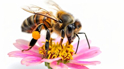 Close-up of a bee pollinating a colorful flower, highlighting the importance of pollinators in ecological systems, isolated white background