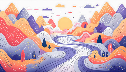 Naklejka premium Abstract Colorful mountain and field landscape on digital art concept, Generative AI.