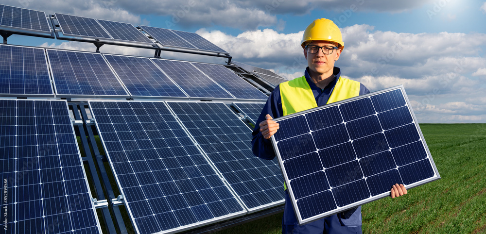 Poster worker with solar panel on a background of solar power station
