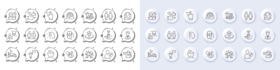 Dont touch, Save planet and Cyber attack line icons. White pin 3d buttons, chat bubbles icons. Pack of Music app, Cleaning, Time hourglass icon. Sleep, Like, Budget profit pictogram. Vector