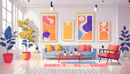 Pastel modern living room interior design wallpaper element for printer on digital art concept, Generative AI.