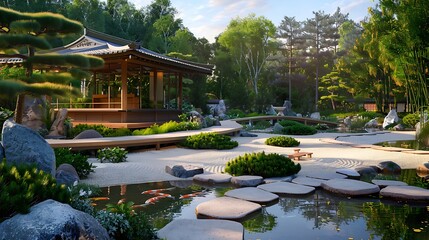 Japanese-inspired garden with a teahouse, sand gardens for raking, stone pathways, and a series of small bridges over koi ponds, providing a tranquil space for reflection and tea ceremonies