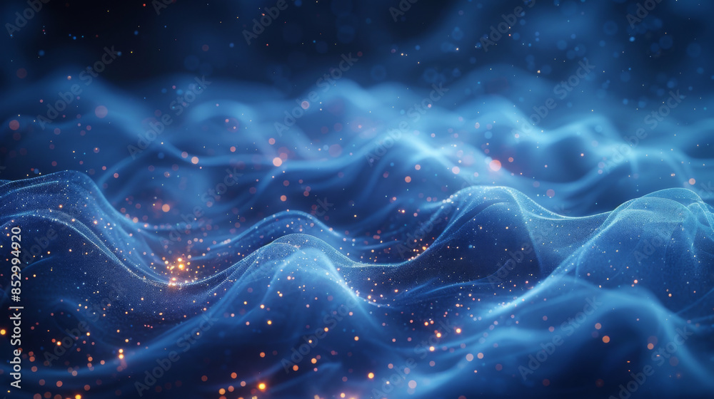Wall mural smooth smoke particle wave, big data techno background with glowing dots, hi-tech concept, blue colo