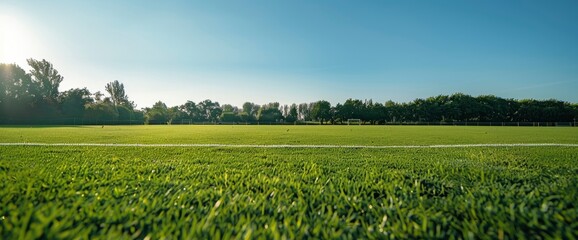 Fototapeta premium A Serene Lush Green Football Field Under A Clear Blue Sky