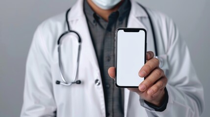 Closeup male doctor in white medical coat and stethoscope holding in hand mobile phone with blank screen, copy space for text