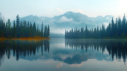 Obraz premium A lake with trees and mountains in the background, Ai generated