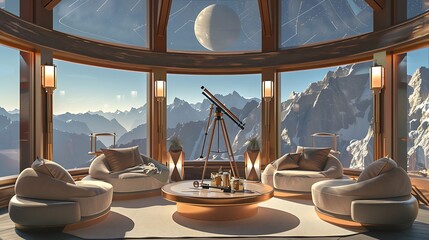 Fototapeta premium luxurious mountaintop gazebo with 360-degree views, equipped with telescopes for stargazing and soft, elegant furnishings for daytime relaxation or evening cocktails