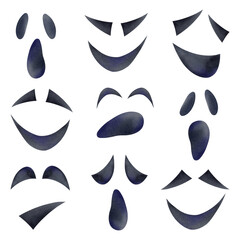 A creepy face highlighted on a white background, funny and scary eyes and mouth. Halloween emoji in a flat cartoon, silhouette style. A hand-drawn watercolor illustration of horror.