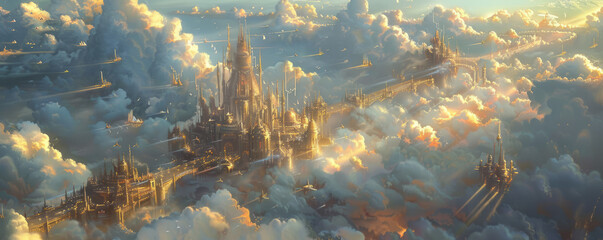 A magical city in the clouds, with golden streets and flying transportation.