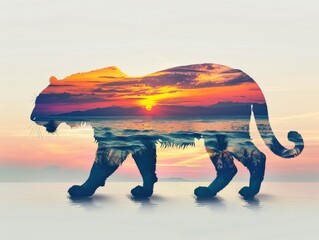 Double exposure illustration of a tiger silhouette filled with a vibrant sunset over the ocean, blending nature and wildlife seamlessly.
