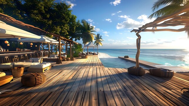 luxury beach club with elegant wooden decking, private cabanas, an infinity pool overlooking the ocean, and a chic bar serving exotic cocktails