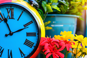  Colorful Retro Clock with Flowers, Bright and Vibrant