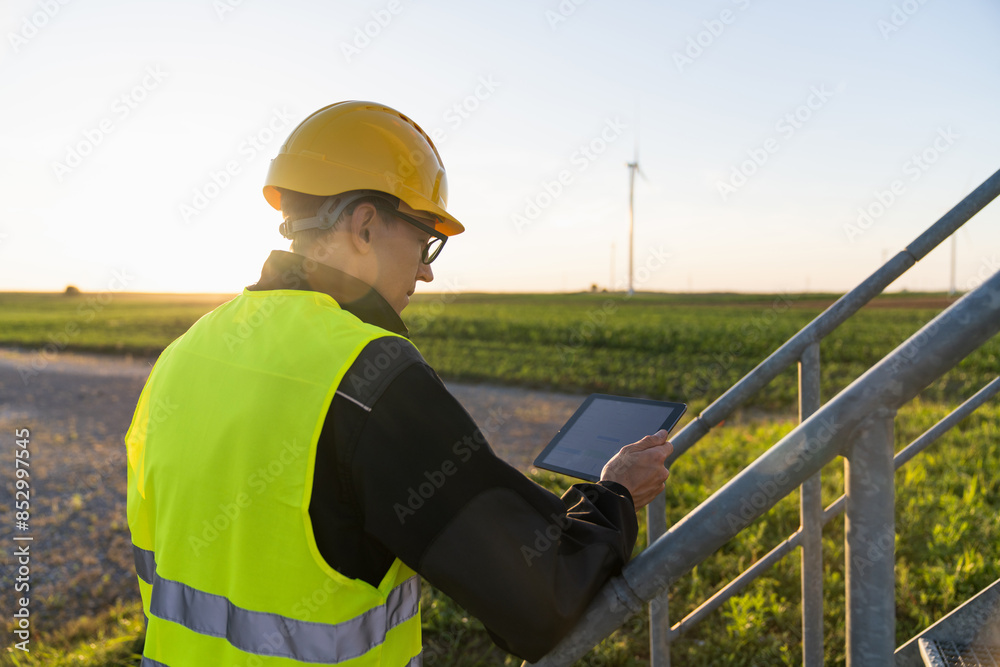 Poster engineer with digital tablet works on a field of wind turbines