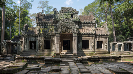 Obraz premium The Angkor Wat temple complex in Cambodia, surrounded by lush jungle, its intricate carvings preserving the history and culture of an ancient empire, most famous landmarks in the w
