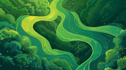 A green river with trees in the background