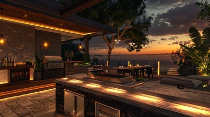luxury outdoor kitchen with a teppanyaki grill, sophisticated weatherproof appliances, and a bar area with adjustable mood lighting for entertaining at any time of day