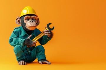 A monkey is holding a wrench and wearing a hard hat