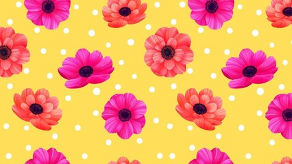 Pattern illustration of blooming pink and orange flowers on a white polka dot background.
