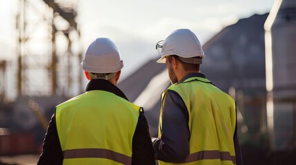 two male engineers discussing project at industrial construction site