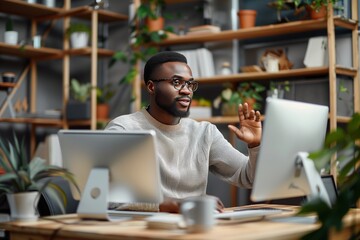 Remote African American Startup Employee Leading Video Conference Meeting