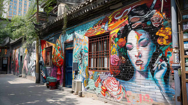 The vibrant street art scene in the 798 Art District of Beijing, where colorful murals and graffiti adorn the walls of former factory buildings, Chinese streets