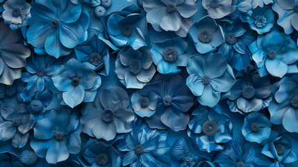 A blue flower arrangement with many flowers