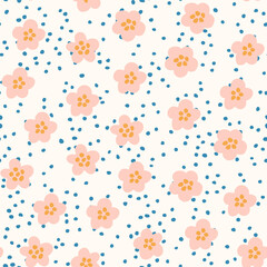 Pastel pink daisy flowers and blue polka dot seamless pattern. Flat style floral print on a speckled cream background.
