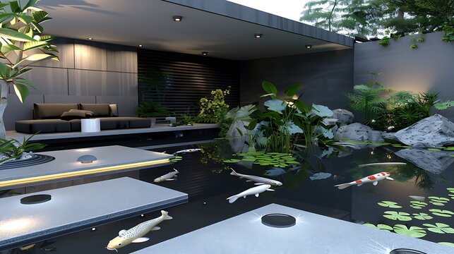 minimalist koi pond area with sleek, modern design elements, carefully curated aquatic plants, and strategically placed seating to view the gracefully swimming fish