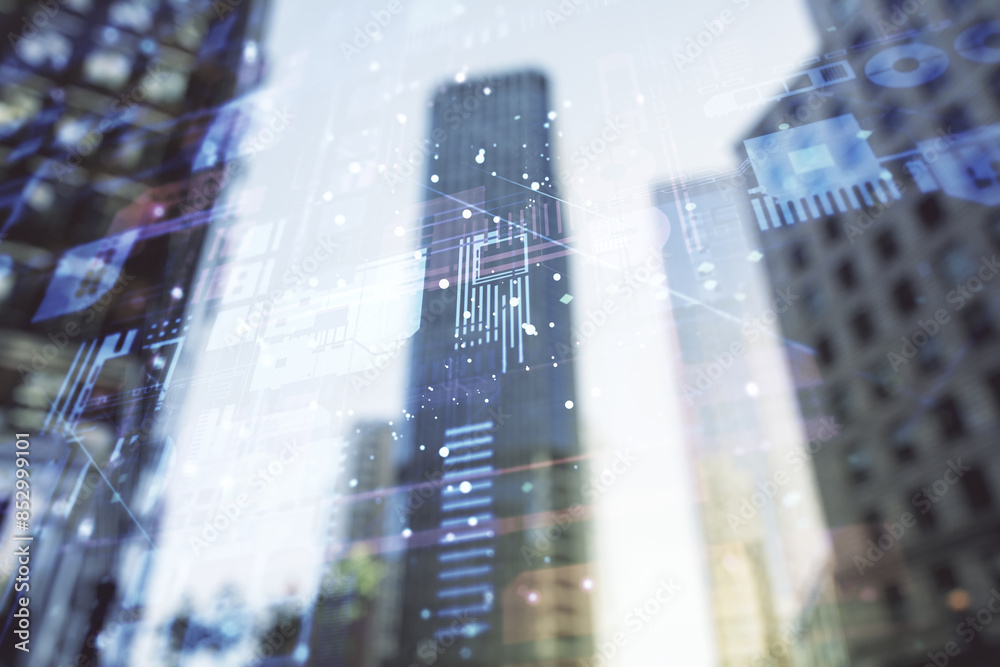Poster multi exposure of abstract creative coding sketch on office buildings background, artificial intelli