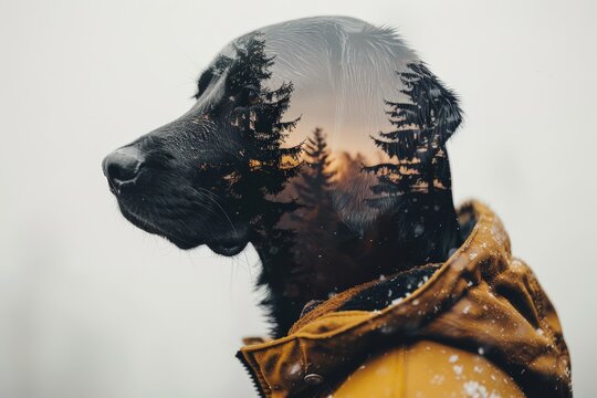 Double exposure of a dog in a winter coat with a forest landscape, creating a surreal and artistic composition. - Powered by Adobe