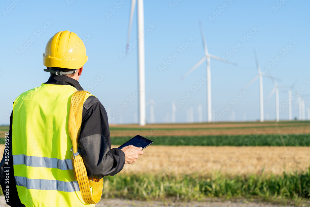 Poster engineer with digital tablet works on a field of wind turbines