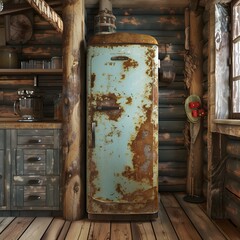 Old refrigerator in a wooden hut in the middle of the forest