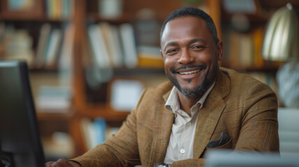 Obraz premium Smiling African American manager sitting at his desk in an office shaking hands with a job applicant after an interview