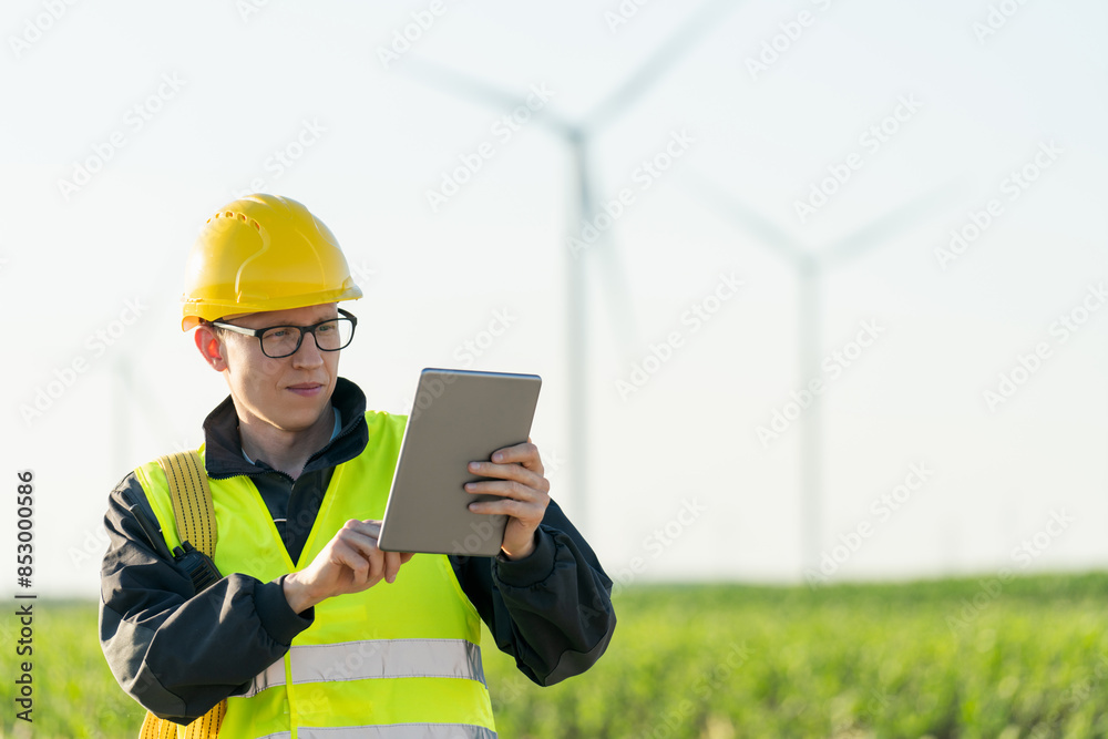 Aufkleber engineer with digital tablet works on a field of wind turbines