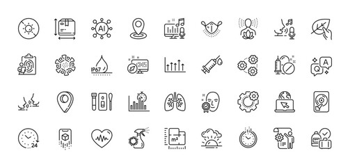 Box size, Medical drugs and Fingerprint line icons pack. AI, Question and Answer, Map pin icons. Settings blueprint, Waterproof, Talk web icon. Lungs, Sunset, Microphone pictogram. Vector