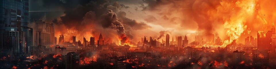 Obraz premium Apocalyptic Skyline in Fire and War Smoke with Ruins and Protest Environment, Wide Banner Design Calling for World Peace, Unity, Cooperation, and Harmony. High-Resolution AI-Generated Wallpaper Backgr