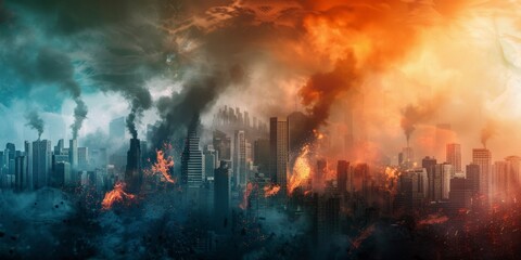 Obraz premium Apocalyptic Skyline in Fire and War Smoke with Ruins and Protest Environment, Wide Banner Design Calling for World Peace, Unity, Cooperation, and Harmony. High-Resolution AI-Generated Wallpaper Backgr