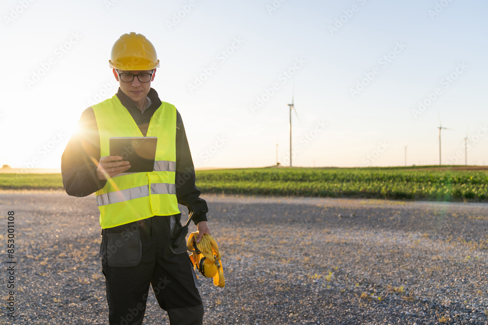 Poster engineer with digital tablet works on a field of wind turbines