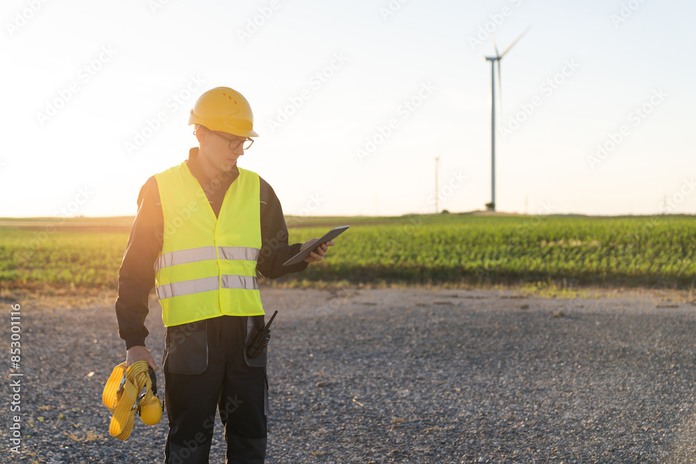 Poster engineer with digital tablet works on a field of wind turbines