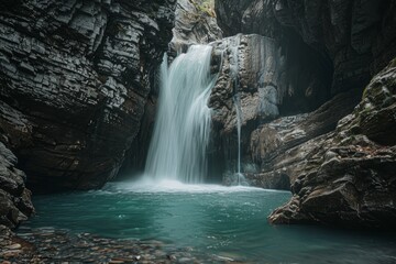 Crystal clear waterfall cascading in cave with subterranean river on white background